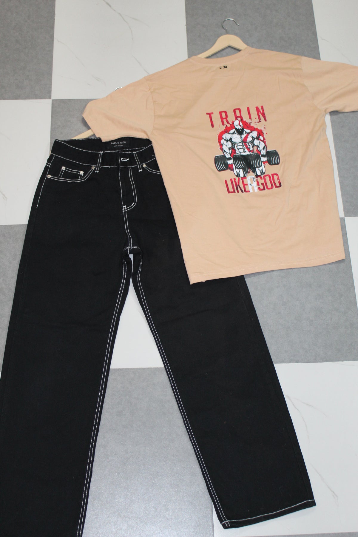 Tee and Pant Combo/ Beige T-Shirt With Black Trouser Pant