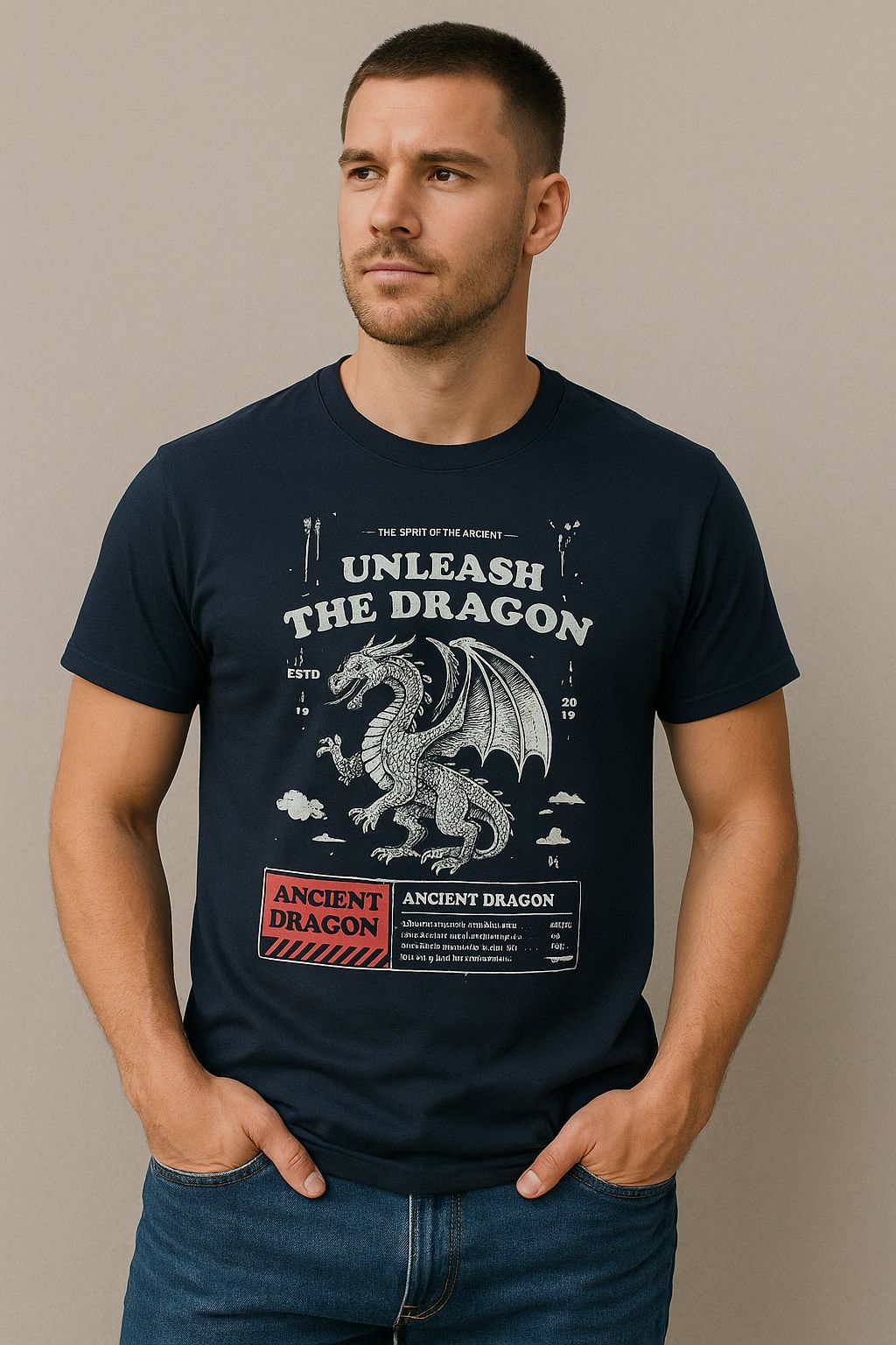 Black T-Shirt With Dragon Print Short Sleeves