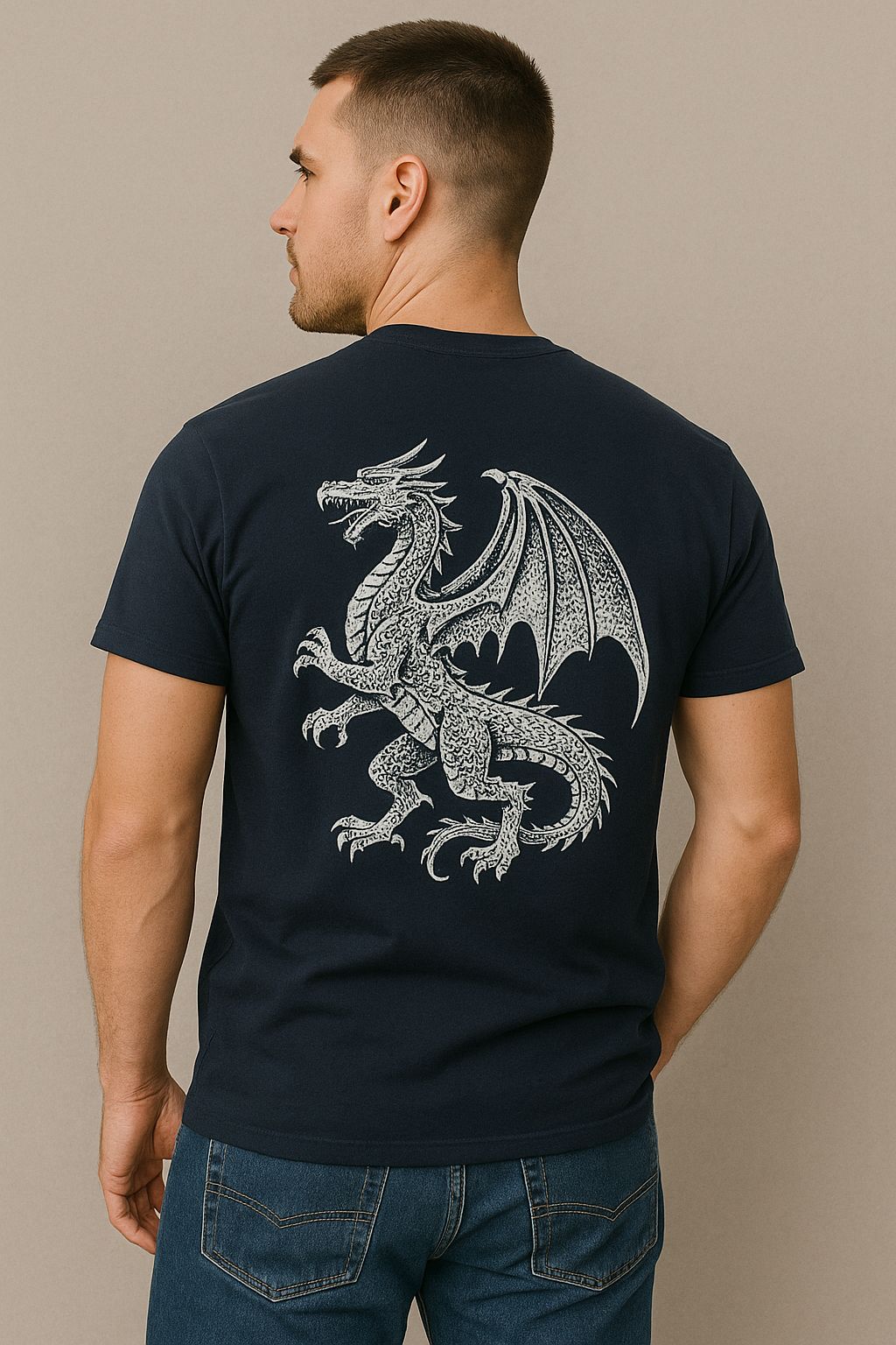 Black T-Shirt With Dragon Print Short Sleeves